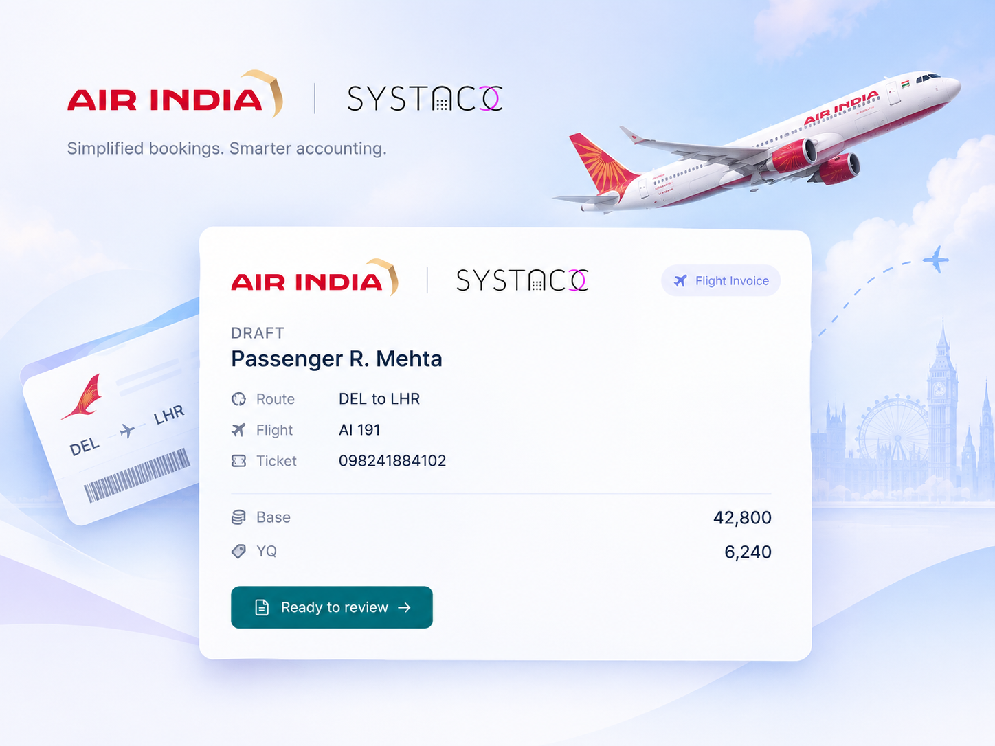 Air India and SYSTACC marks above a draft flight invoice for an Air India sector
