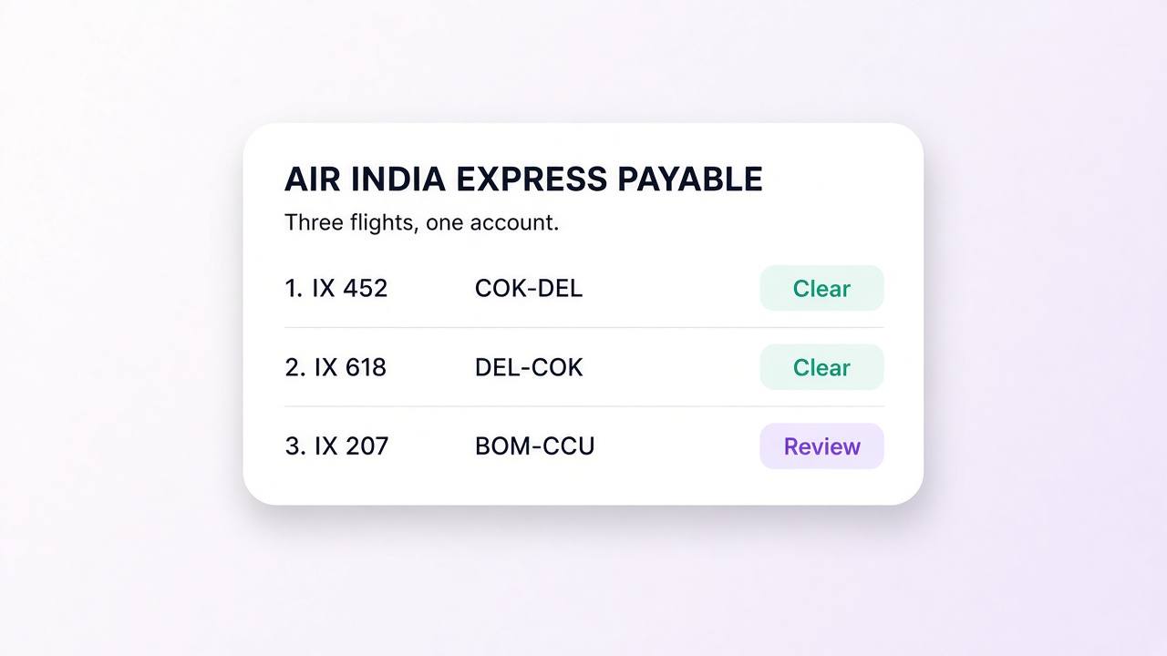 Air India Express payable with two flights marked clear and one marked for review