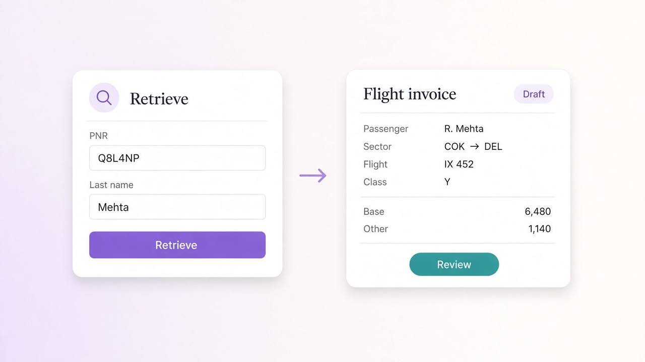 An Air India Express PNR and last name retrieved into a SYSTACC flight invoice draft