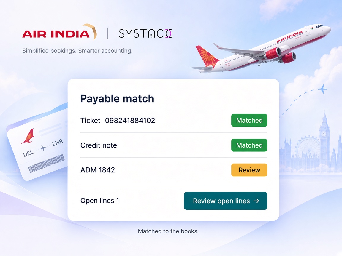 Air India payable with a matched ticket, a matched credit note, and an ADM marked for review