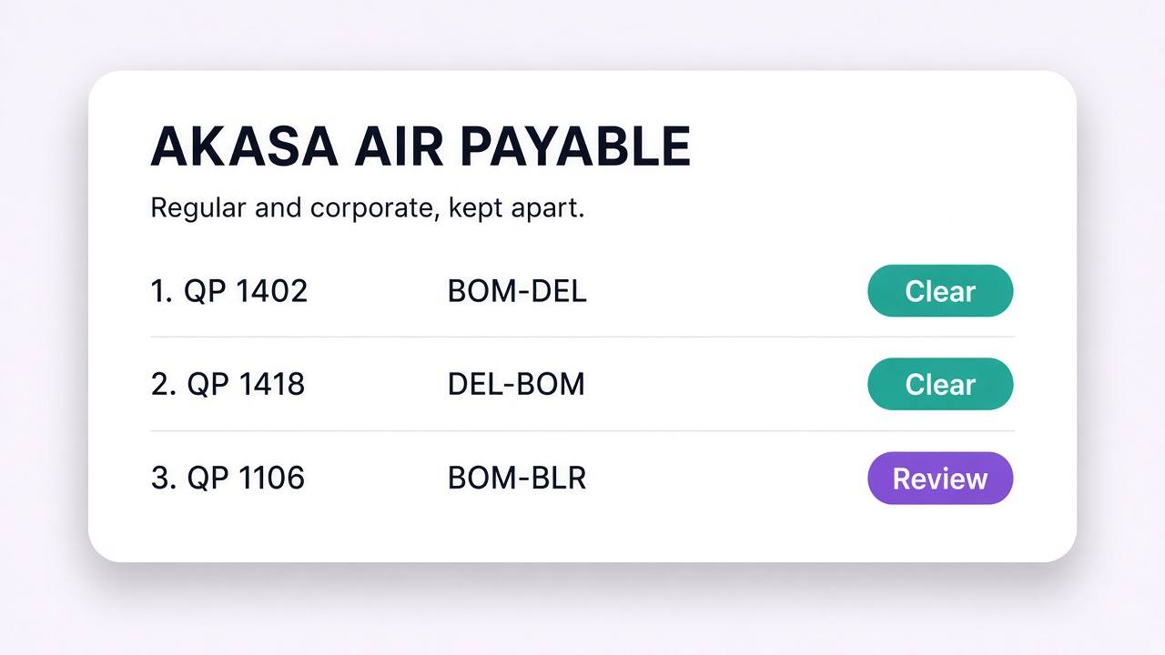 Akasa Air payable with two flights marked clear and one marked for review