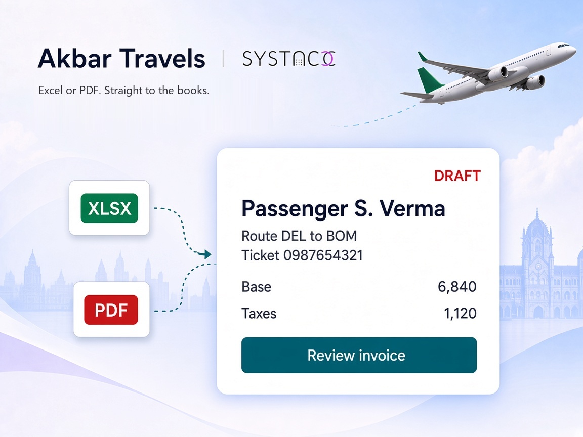 Akbar Travels Excel report and ticket PDF flowing into one SYSTACC invoice draft
