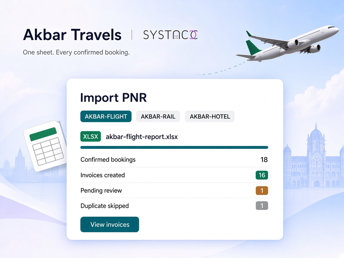 SYSTACC Import PNR with an Akbar flight Excel report: 18 confirmed bookings, 16 invoices created, 1 pending review, 1 duplicate skipped