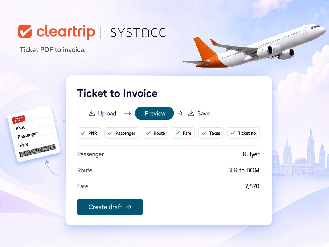 SYSTACC Ticket to Invoice preview reading the PNR, passenger, route, fare, taxes and ticket number from a flight ticket PDF