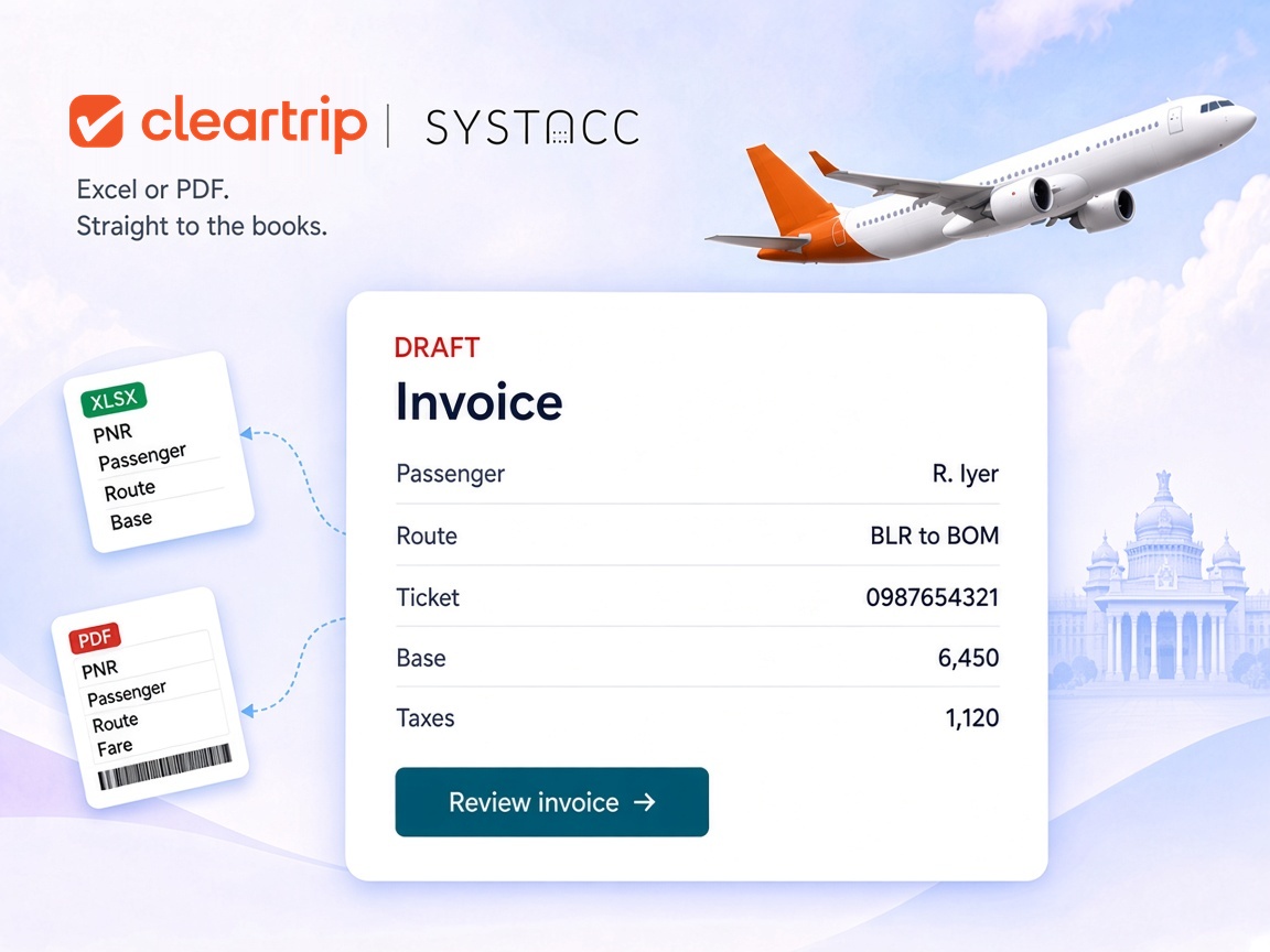 Cleartrip and SYSTACC logos above a draft invoice for a Bengaluru to Mumbai flight, created from a Cleartrip Excel report and a ticket PDF