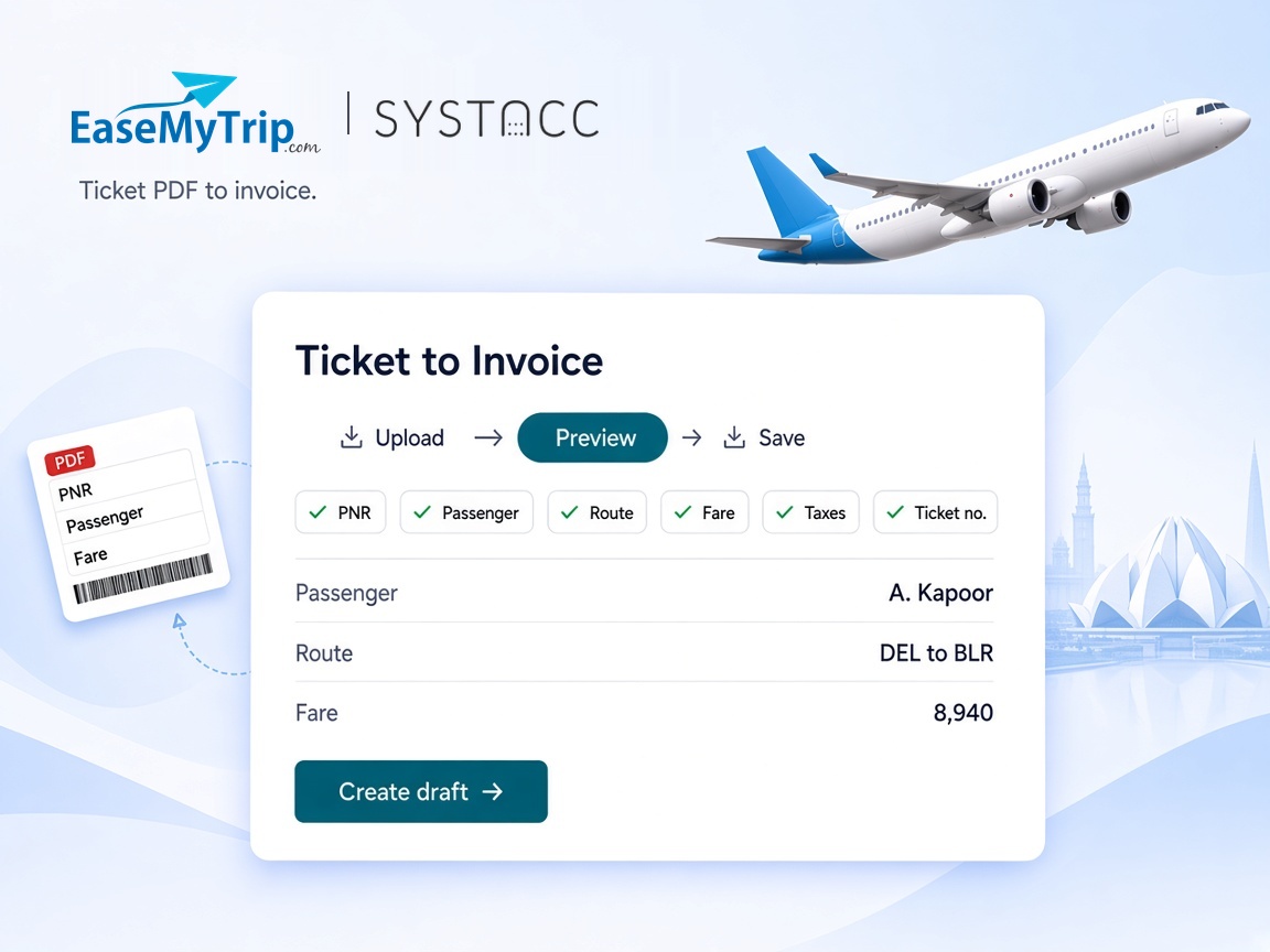 SYSTACC Ticket to Invoice preview reading the PNR, passenger, route, fare, taxes and ticket number from a flight ticket PDF