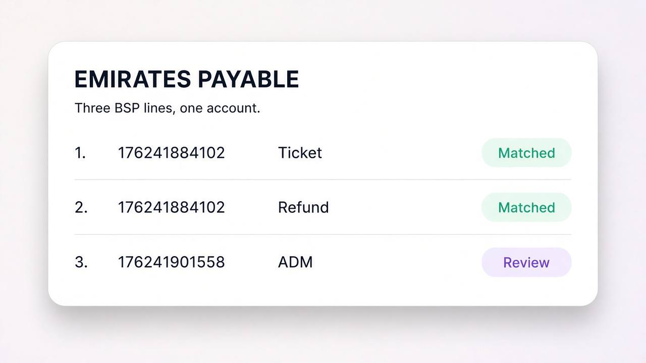 Emirates payable with a matched ticket, a matched refund, and an ADM marked for review