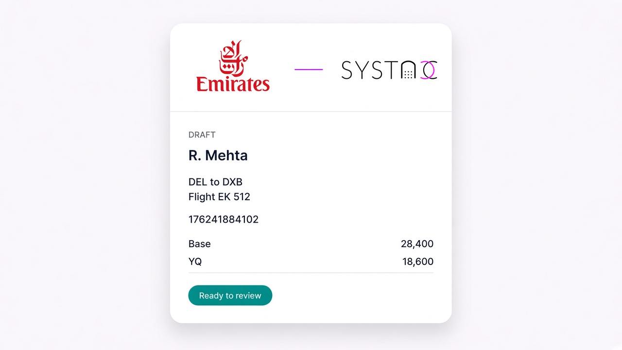 Emirates and SYSTACC marks above a draft flight invoice for an EK sector