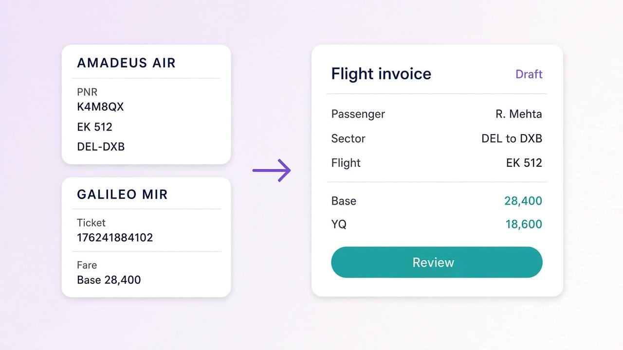 An Amadeus AIR file and a Galileo MIR flowing into one Emirates flight invoice draft