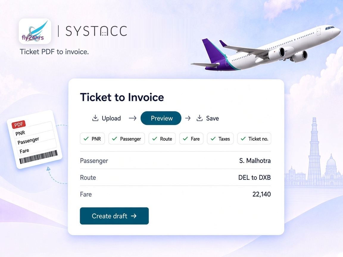 SYSTACC Ticket to Invoice preview reading the PNR, passenger, route, fare, taxes and ticket number from a flight ticket PDF