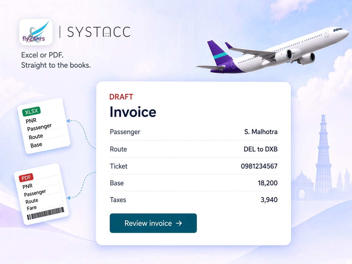 Fly24hrs and SYSTACC logos above a draft invoice for a Delhi to Dubai flight, created from a Fly24hrs Excel report and a ticket PDF