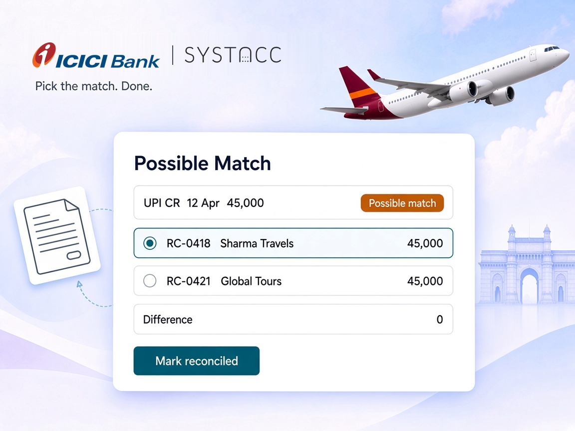 SYSTACC possible match screen: an ICICI statement credit of 45,000 with two receipts of the same amount, one selected to mark reconciled