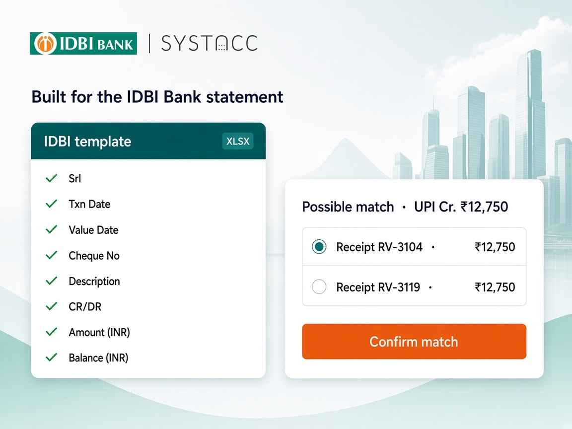 The IDBI Bank statement template in SYSTACC with the columns it reads, next to a possible match card offering two receipts for a UPI credit