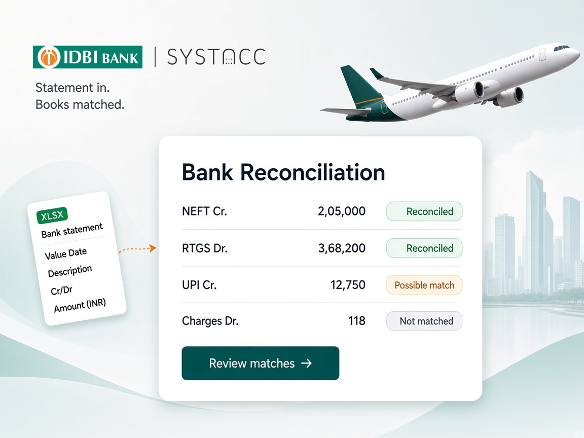 IDBI Bank and SYSTACC logos above a bank reconciliation card showing NEFT and UPI credits, an RTGS debit and bank charges marked Reconciled, Possible match and Not matched