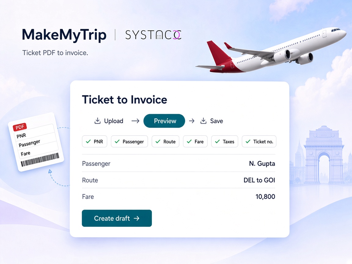 SYSTACC Ticket to Invoice reading a flight ticket PDF into a draft with PNR, passenger, route, fare, taxes and ticket number