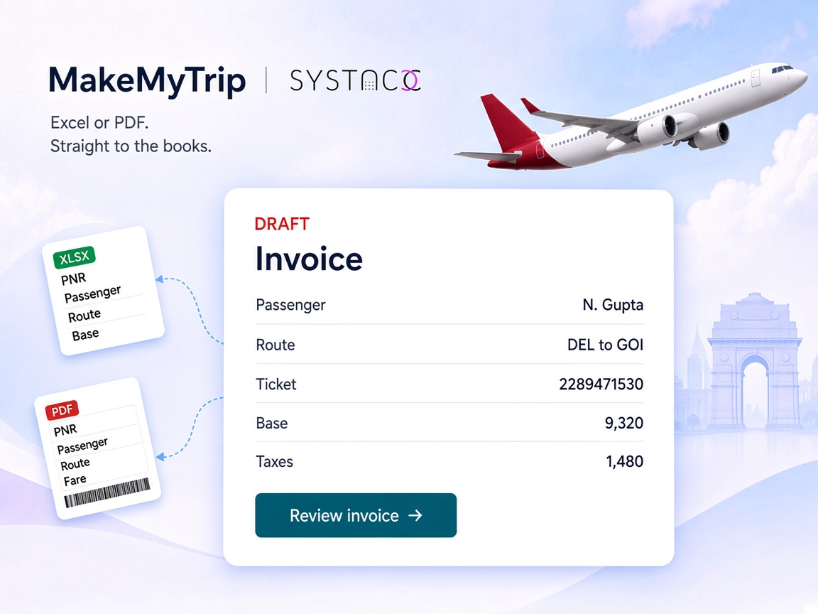 MakeMyTrip Excel report and ticket PDF flowing into one SYSTACC invoice draft