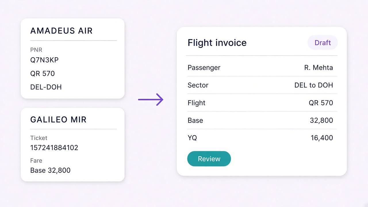 An Amadeus AIR file and a Galileo MIR flowing into one Qatar Airways flight invoice draft