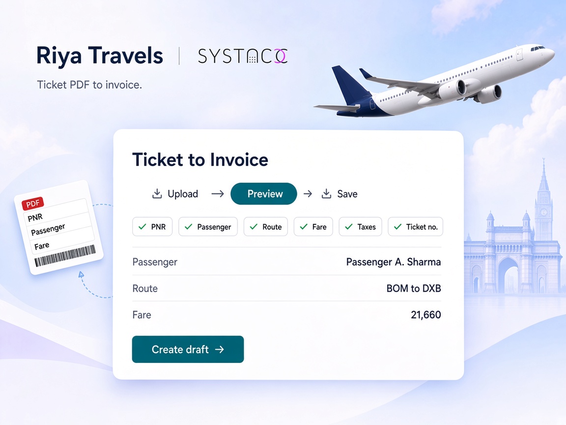 SYSTACC Ticket to Invoice reading a ticket PDF into a draft with PNR, passenger, route, fare, taxes and ticket number
