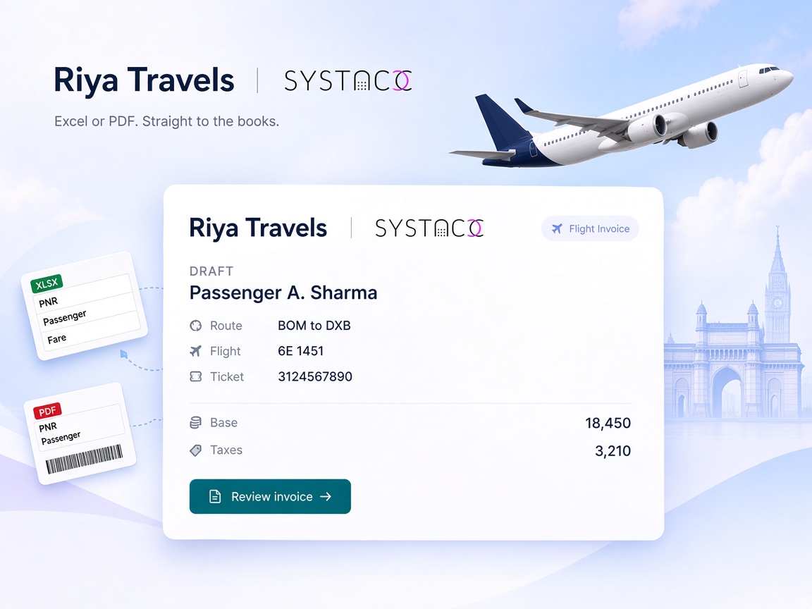 Riya Travels Excel report and ticket PDF flowing into one SYSTACC flight invoice draft
