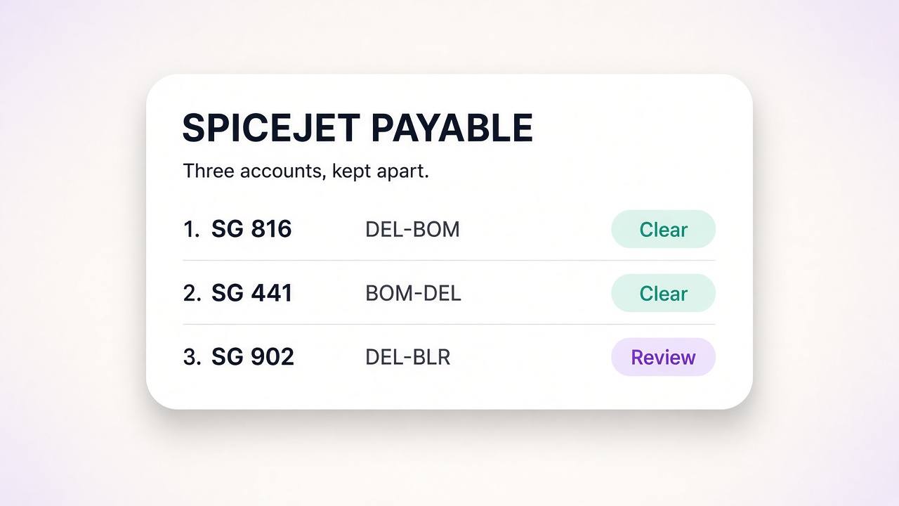 SpiceJet payable with two flights marked clear and one marked for review