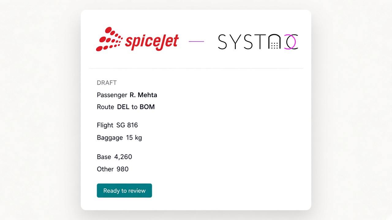 SpiceJet and SYSTACC marks above a draft flight invoice for an SG sector