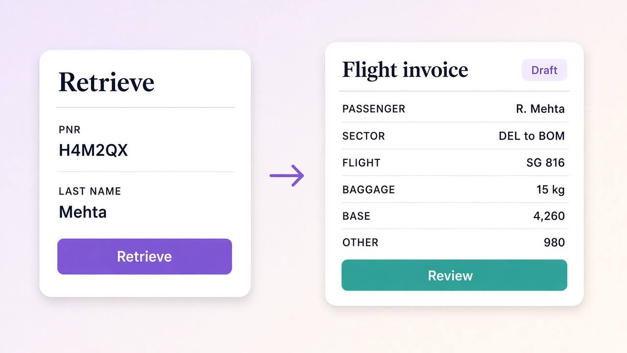 A SpiceJet PNR and last name retrieved into a SYSTACC flight invoice draft