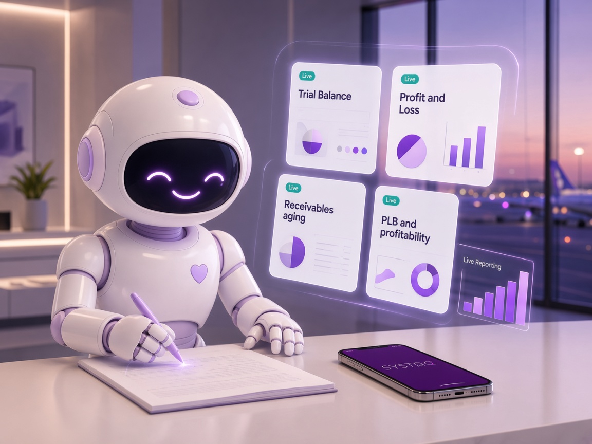 SYSTACC reports for trial balance, profit and loss, receivables aging, and PLB beside the mobile app