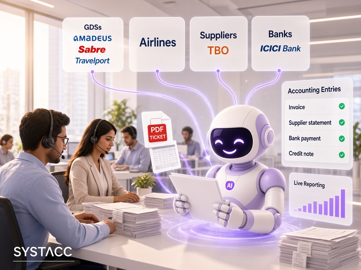 SYSTACC travel office with the assistant turning GDS, airline, supplier, and bank sources into accounting entries