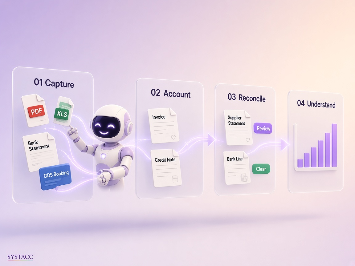 SYSTACC flow from capture through accounting and reconciliation to reports
