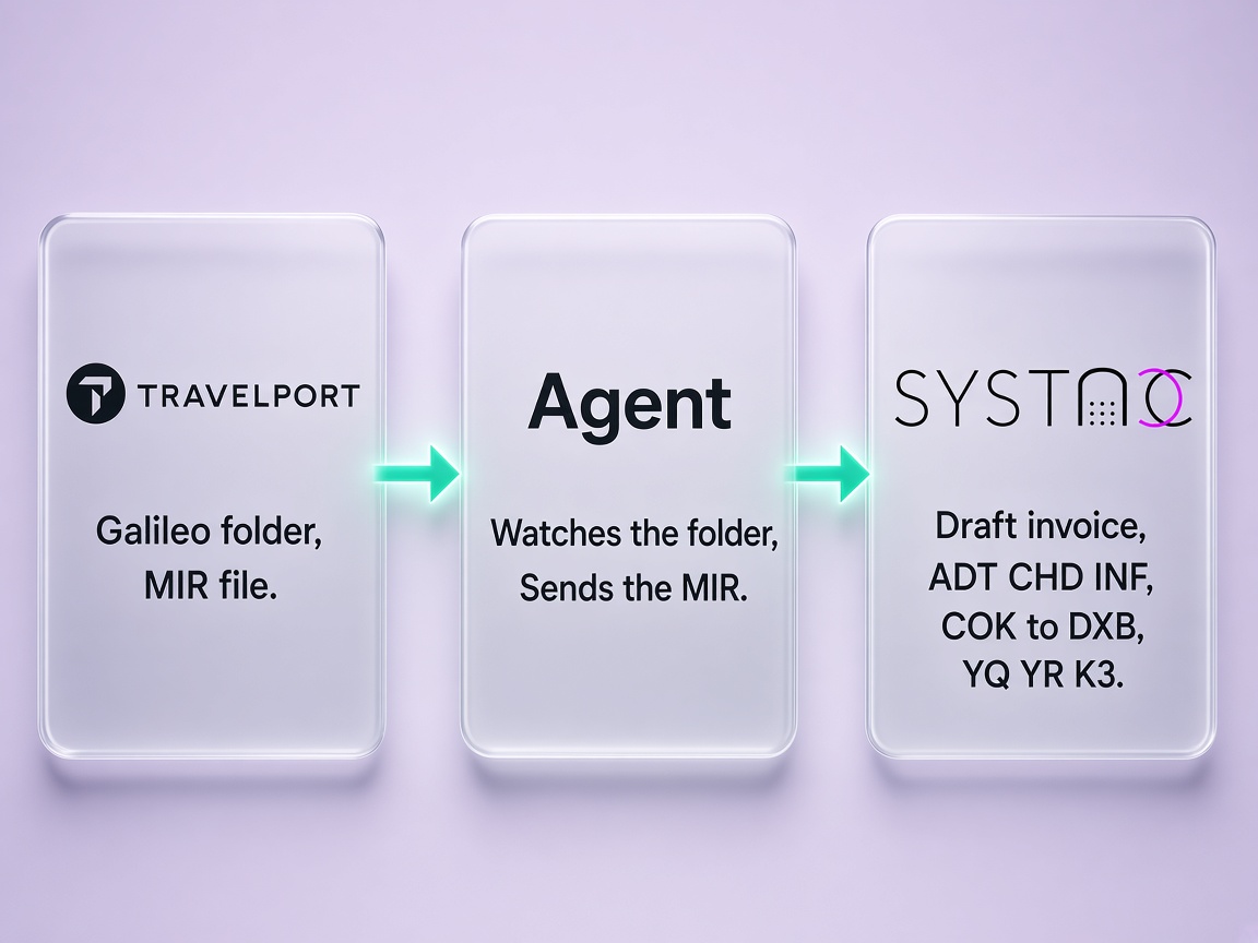 Travelport Galileo folder, the SYSTACC agent, and the draft invoice with passenger type, sector and taxes.