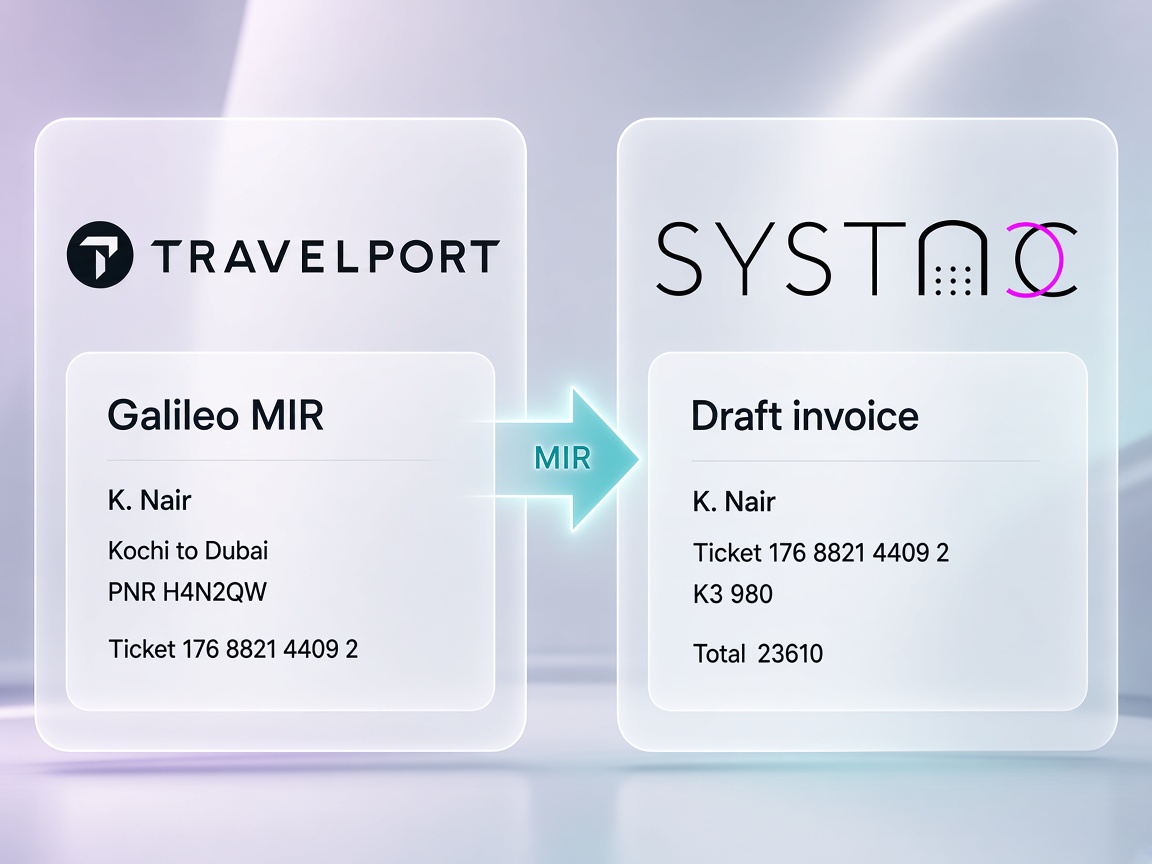 Travelport logo and a Galileo MIR for K. Nair flowing into a SYSTACC draft invoice with the same ticket.