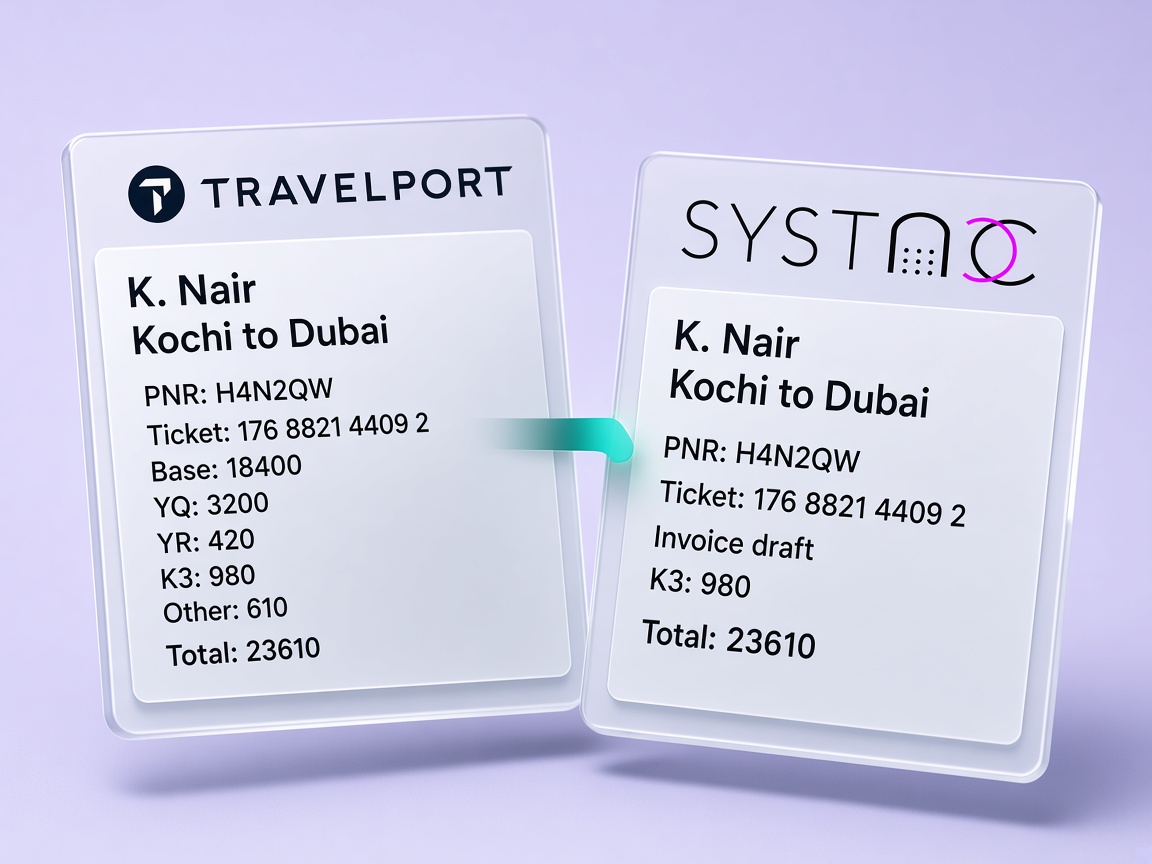 Travelport MIR card with fare and taxes beside the SYSTACC draft for the same Kochi to Dubai ticket.